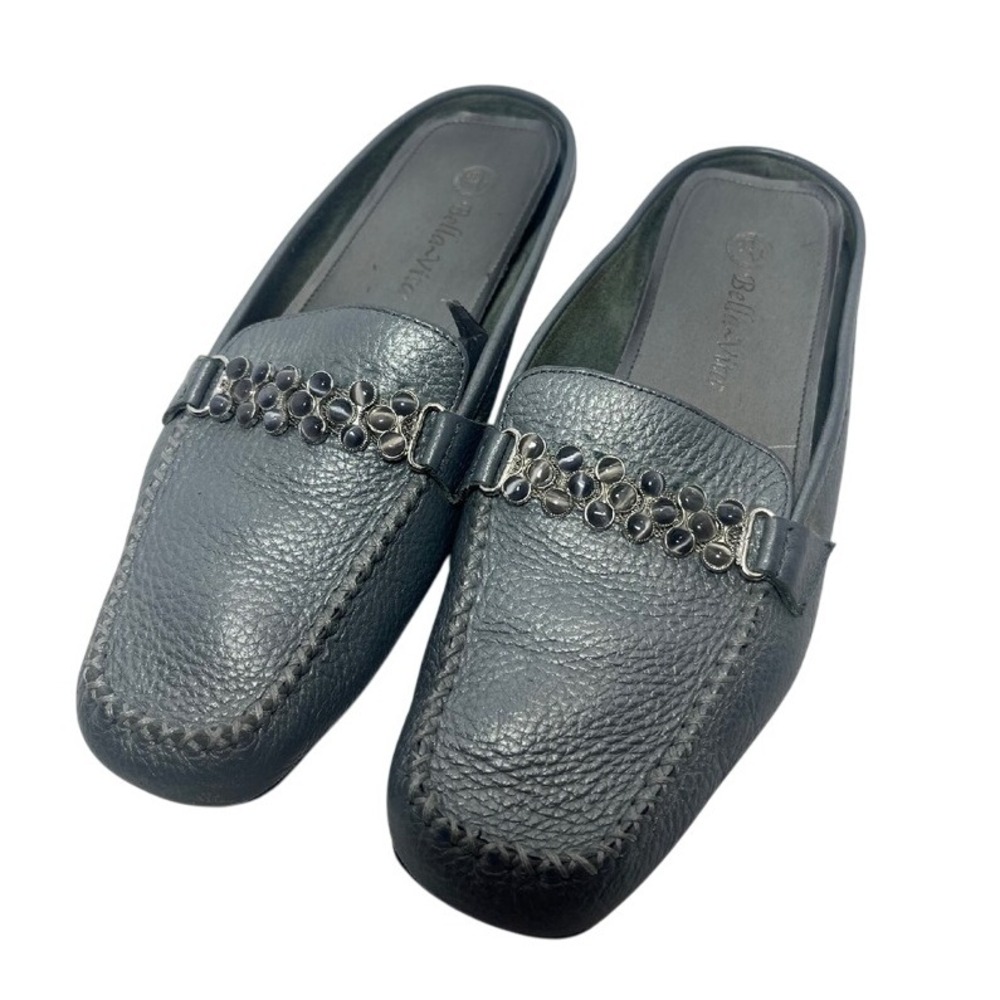 Bella Vita Silver Leather Loafers‎ Mules Purple Stone Metal Accents Woman's 8.5W